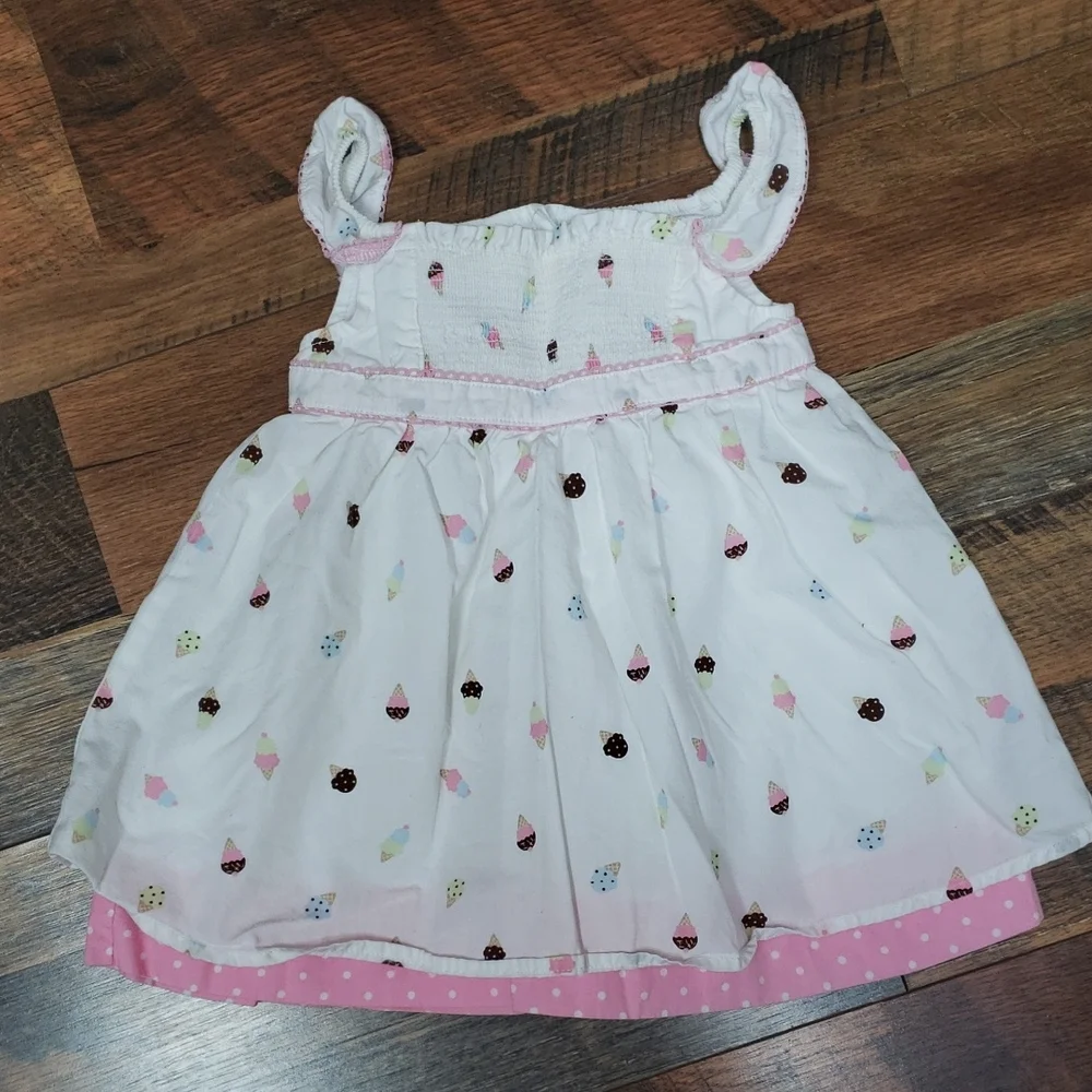 Gymboree Sleeveless White And Pink Polka Dot And Ice Cream Print Dress, 6-12M